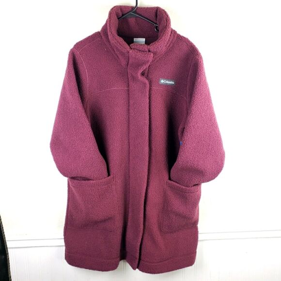 Women's Columbia NWT Purple Maroon Fleece Long Midi Button Up Jacket SZ 2XL